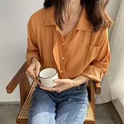 【言】仿緞絲滑雙門襟長袖襯衫   FREE 橙色