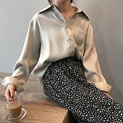 【言】寬鬆光澤感緞面長袖襯衫(2色)     FREE 杏色