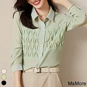 【MsMore】 時尚氣質設計感壓褶休閒百搭長袖襯衫短版上衣# 119640 M 綠色