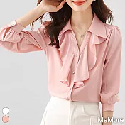 【MsMore】 V領荷葉邊領氣質純色襯衫長袖短版柔美上衣# 119642 L 粉紅色