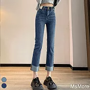 【MsMore】 直筒牛仔褲寬鬆設計百搭新款復古九分捲邊煙管長褲# 119699 S 深藍色