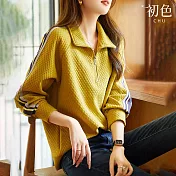 【初色】翻領方格肌理感設計條紋長袖POLO衫T恤上衣-黃色-30481(M-2XL可選) M 黃色