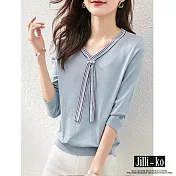 【Jilli~ko】V領睫毛蕾絲珍珠別針飄帶針織衫 J11103  FREE 藍色
