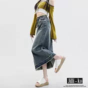 【Jilli~ko】高腰毛邊設計復古牛仔包臀裙 M-L J11037  L 藍色