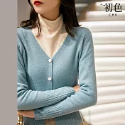 【初色】純色V領壓褶針織長袖毛衣開衫上衣外套-共6色-30821(F可選) F 藍色