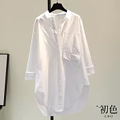 【初色】休閒素色翻領排扣寬鬆設計感側開叉單口袋圓弧下襬長袖襯衫上衣-白色-30591(M-2XL可選) M 白色
