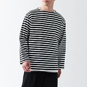 【MUJI 無印良品】男有機棉水洗粗織船領九分袖T恤 L 黑紋樣