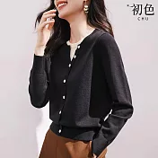 【初色】V領假兩件開衫針織長袖上衣-共3色-30619(F可選) F 黑色