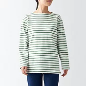 【MUJI 無印良品】女有機棉粗織天竺船領長袖T恤 XL 淺綠橫紋