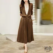 【初色】V領假兩件長袖針織衫上衣+帶口袋鬆緊腰長裙半身裙套裝-共4色-30660(F可選) F 咖色