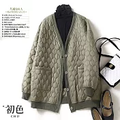 【初色】中大碼V領復古菱格紋大口袋中長款加厚大衣外套-共4色-30983(M-2XL可選) M 綠色