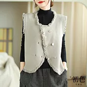【初色】簡約寬鬆圓領無袖毛邊流蘇雙排扣馬甲上衣-共5色-30986(F可選) F 淺灰色