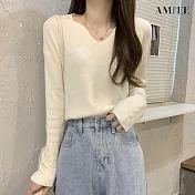 【AMIEE】慵懶風薄款V領針織衫(5色/FREE/KDTQ-6190) F 杏色