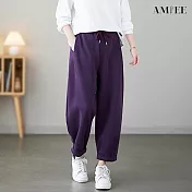 【AMIEE】休閒鬆緊腰抽繩卷邊哈倫褲(3色/M-2XL/KDPQ-9023) L 紫色