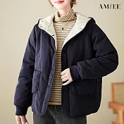 【AMIEE】撞色保暖排扣鋪棉連帽外套(藏青色/M-XL/KDCQ-612) M 藏青色