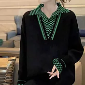 【MsMore】 格子襯衫領拼接針織長袖休閒顯瘦假兩件短版上衣# 118899 FREE 綠色