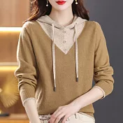 【MsMore】 連帽針織衫上衣長袖拼色毛衣時尚帶帽短版# 119628 FREE 黃色