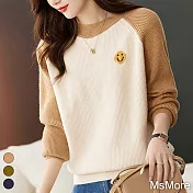 【MsMore】 美式復古高街毛衣拼色插肩長袖寬鬆針織衫笑臉拼接潮牌短版上衣# 119630 FREE 黃色
