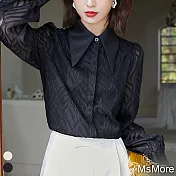 【MsMore】 蕾絲紋理襯衫法式尖領復古長袖短版上衣# 118710 M 黑色