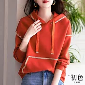 【初色】休閒運動抽繩連帽落肩長袖口袋寬鬆連帽衫T恤上衣-紅色-30915(M-2XL可選) M 紅色