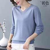 【初色】簡約長袖V領螺紋素色針織衫毛衣上衣-共5色-30848(F可選) F 藍色