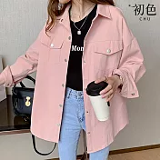 【初色】翻領純色寬鬆工裝長袖襯衫上衣-共3色-30876(M-2XL可選) 2XL 粉紅色
