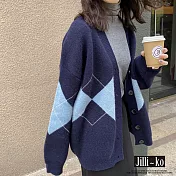 【Jilli~ko】韓版學院風大菱格寬鬆針織毛衣外套 J9630 FREE 深藍色