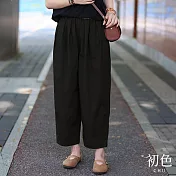 【初色】素色寬鬆高腰顯瘦鬆緊腰口袋哈倫褲闊腿寬褲燈籠褲九分褲休閒褲長褲-共2色-30801(M-2XL可選) 2XL 黑色