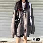 【Jilli~ko】學院風V領大口袋中長款寬鬆針織衫 J9758  FREE 灰色