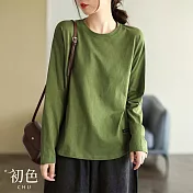 【初色】休閒圓領落肩長袖寬鬆純色T恤上衣-共6色-30809(M-2XL可選) 2XL 綠色