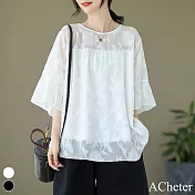 【ACheter】 簡約顯瘦大碼圓領剪花七分袖蕾絲衫中長版上衣# 119113 L 白色