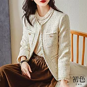 【初色】小香風粗花毛呢花邊圓領長袖西裝外套-白色-31059(M-2XL可選) M 白色