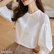 【MsMore】 白色天絲棉襯衫獨特別致繡花七分袖圓領短版上衣# 119754 2XL 白色