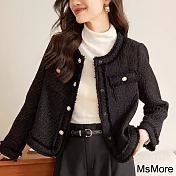 【MsMore】 復古圓領黑色貴族氣質小香風外套復古長袖氣質短版# 119831 M 黑色