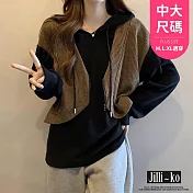 【Jilli~ko】假兩件慵懶風寬鬆拉鍊拼接連帽衛衣中大尺碼 J10997  FREE 深卡其