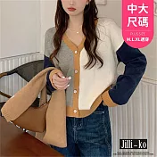 【Jilli~ko】復古V領單排扣短款撞色針織衫中大尺碼 J11060  FREE 圖片色