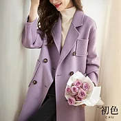 【初色】文藝簡約襯衫領雙排釦顯瘦休閒中長款毛呢大衣外套-共2色-30968(M-2XL可選) XL 紫色