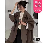 【Jilli~ko】韓版寬鬆中長款雙排扣翻領西裝外套中大尺碼 J11116  FREE 咖色