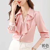 【初色】V領荷葉邊素色單排扣長袖雪紡衫上衣-共2色-31002(M-2XL可選) L 粉色