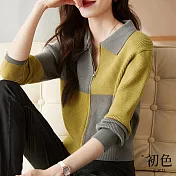 【初色】撞色方格拼接襯衫領長袖針織衫上衣-黃色-31020(F可選) F 黃色