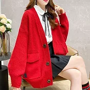 【MsMore】 寬鬆慵懶風針織韓版外搭口袋毛衣中長百搭外套# 118909 FREE 紅色
