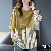 【初色】撞色拼接條紋襯衫不對稱假兩件圓領長袖上衣-共2色-31256(M-2XL可選) M 黃色