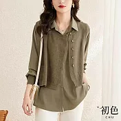 【初色】寬鬆翻領鏤空拼接假兩件素色長袖襯衫上衣-共4色-30860(M-2XL可選) M 綠色