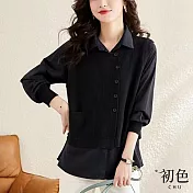 【初色】寬鬆翻領鏤空拼接假兩件素色長袖襯衫上衣-共4色-30860(M-2XL可選) M 黑色