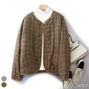 【ACheter】 復古文藝國潮格子寬鬆休閒顯瘦V領棒球服夾棉短外套# 119592 M 咖色