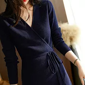 【MsMore】 V領配大衣內搭赫本風法式針織毛衣裙長袖長版洋裝# 119807 FREE 藏青色