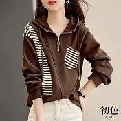 【初色】寬鬆條紋口袋拼接拉鍊抽繩長袖連帽T恤上衣-咖啡色-31151(M-2XL可選) M 咖啡色