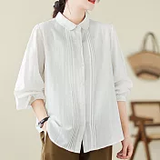 【ACheter】 日系純色棉麻感燈籠長袖襯衫寬鬆百搭復古法式后領系帶短版上衣# 119892 M 白色