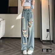 【Jilli~ko】可調扣破洞高腰休閒垂感直筒拖地牛仔褲 M-XXL J11032  L 淺藍色