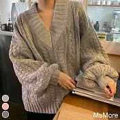 【MsMore】 保暖暖和顯瘦V領重工麻花燈籠長袖針織中長版毛衣# 119861 FREE 灰色
